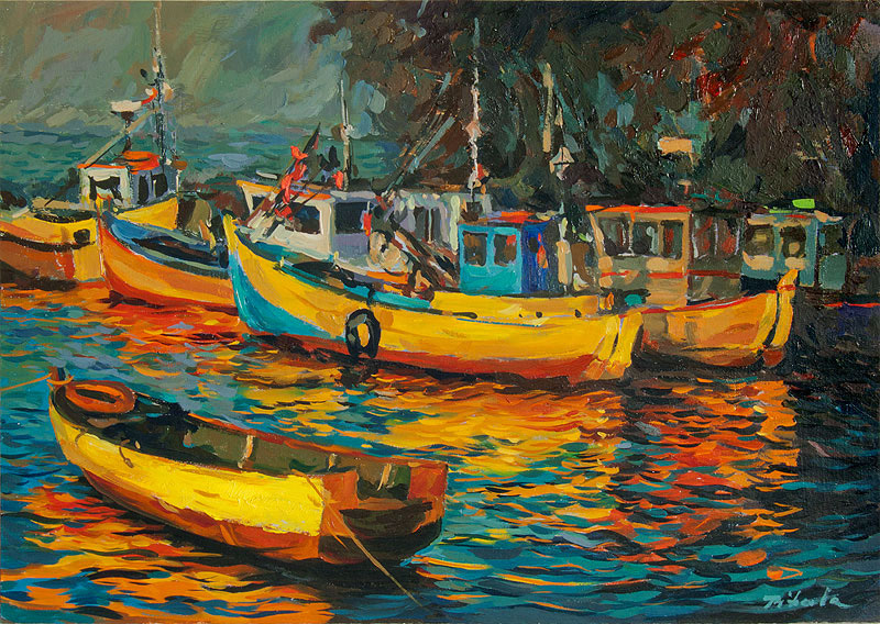 83 Władysław Pitala, Port w Kuźnicy, kutry rybackie, olej